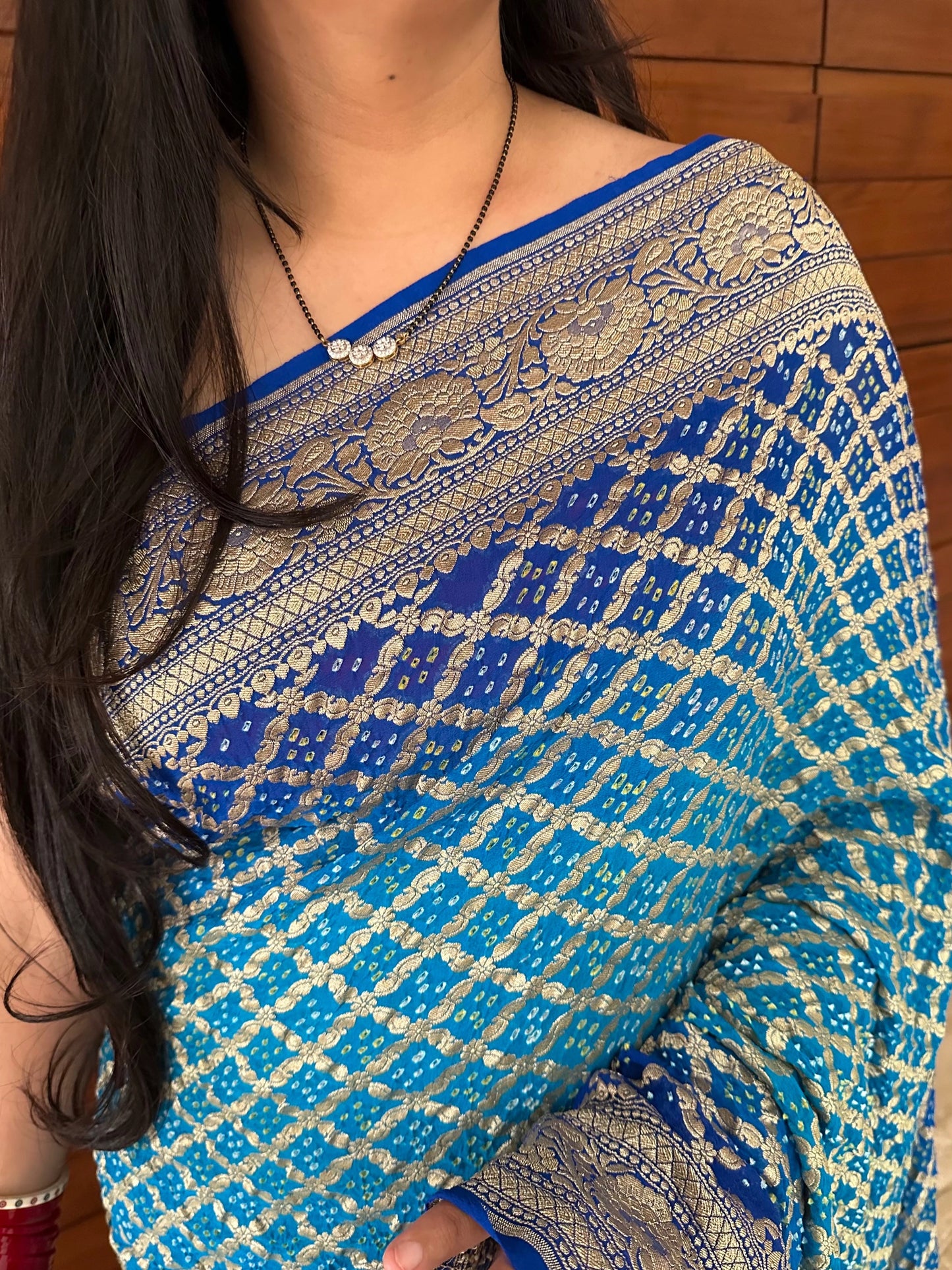 Firozi-Royal Blue Gharchola Bandhej Pure Georgette Saree