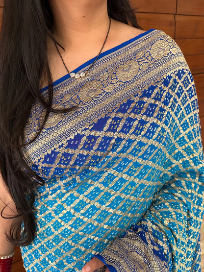 Firozi-Royal Blue Gharchola Bandhej Pure Georgette Saree