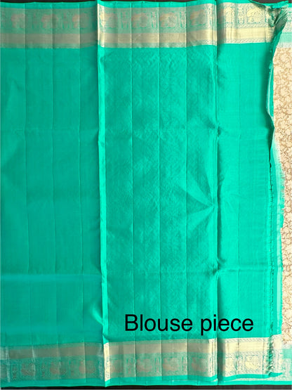 Cream-Sea Green Handloom Kanjivaram Jamawar Pure Silk Saree