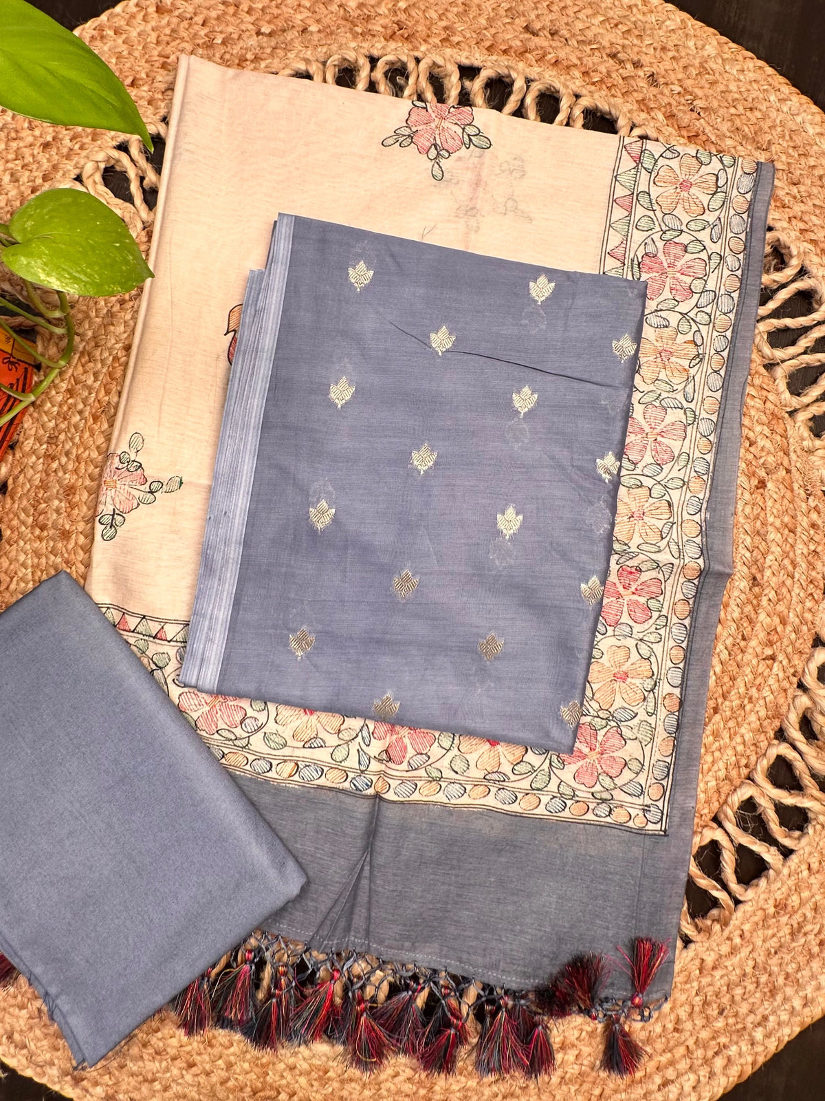 Grey Chanderi 3-Piece Unstitched Suit with Madhubani Dupatta