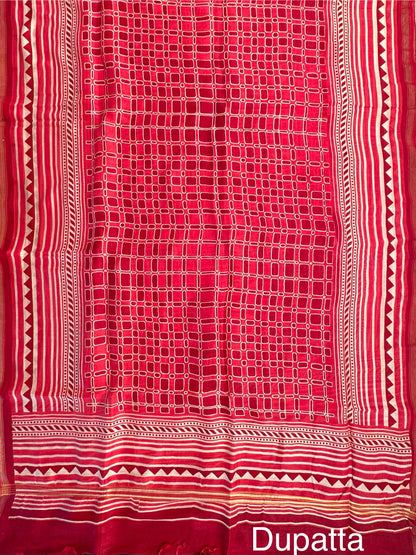 Pink-Beige Printed Chanderi 3-Piece Unstitched Suit