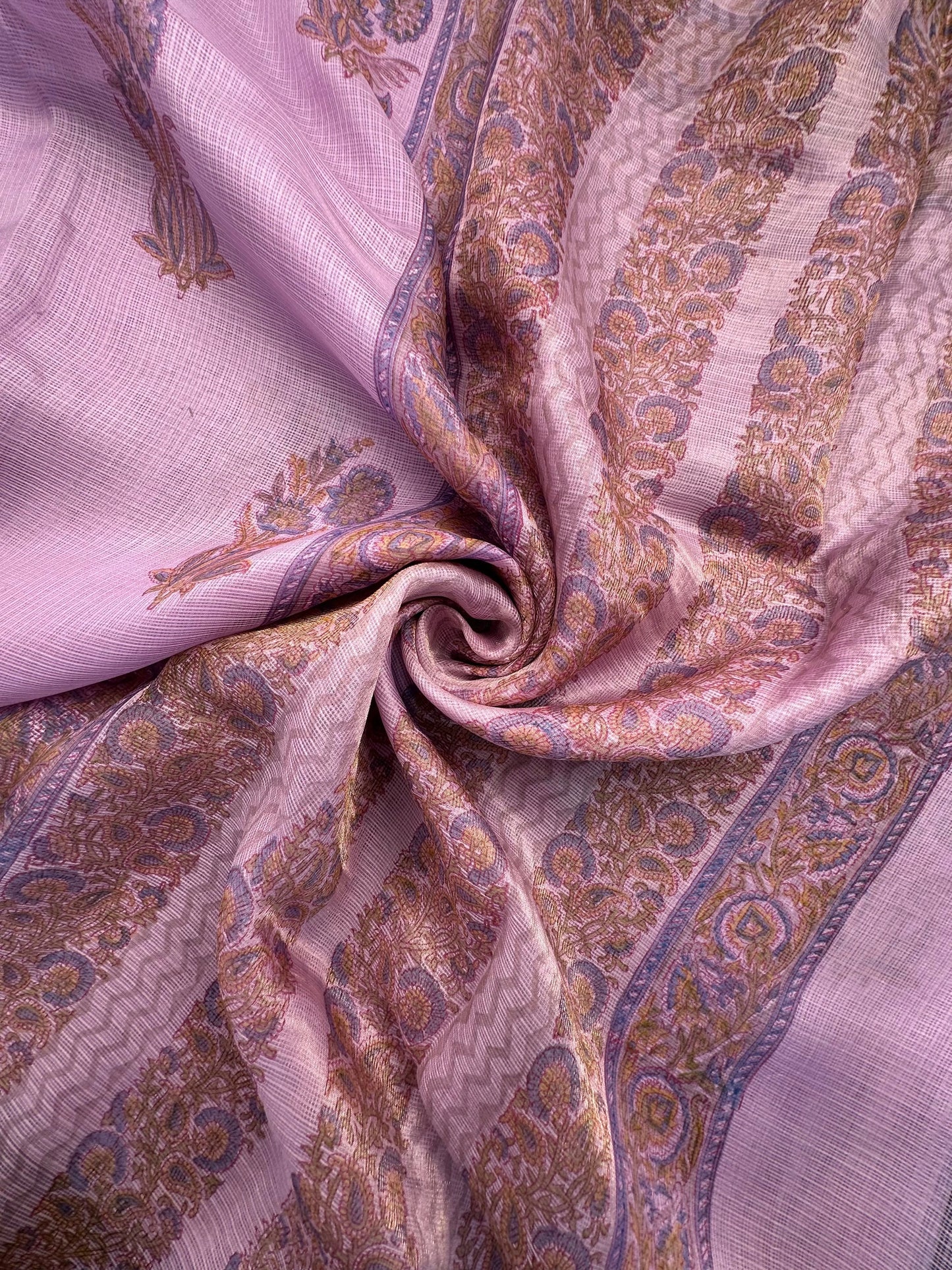 Purple Hand Block-Print Pure Kota Doria Silk Saree