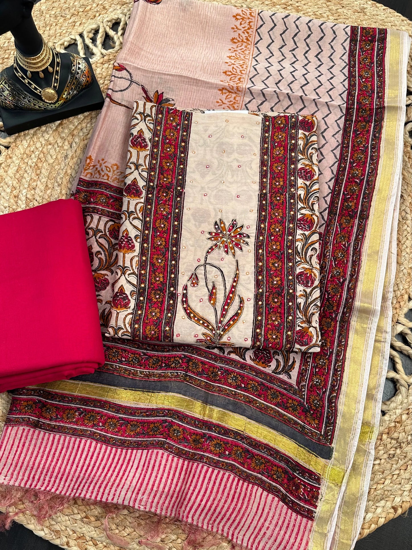 Beige-Red Chanderi 3-Piece Suit