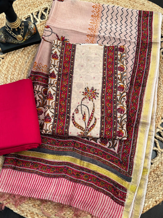 Beige-Red Chanderi 3-Piece Suit