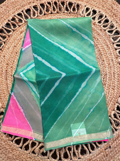 Green-Pink Leheriya Kota Doria Pure Silk Saree