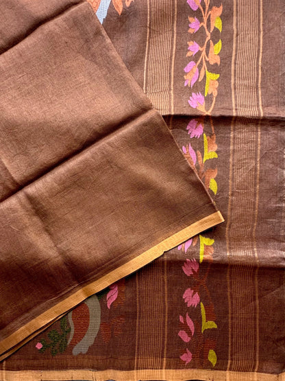Brown Fancy Cotton Tissue Saree ( Linen Texture)