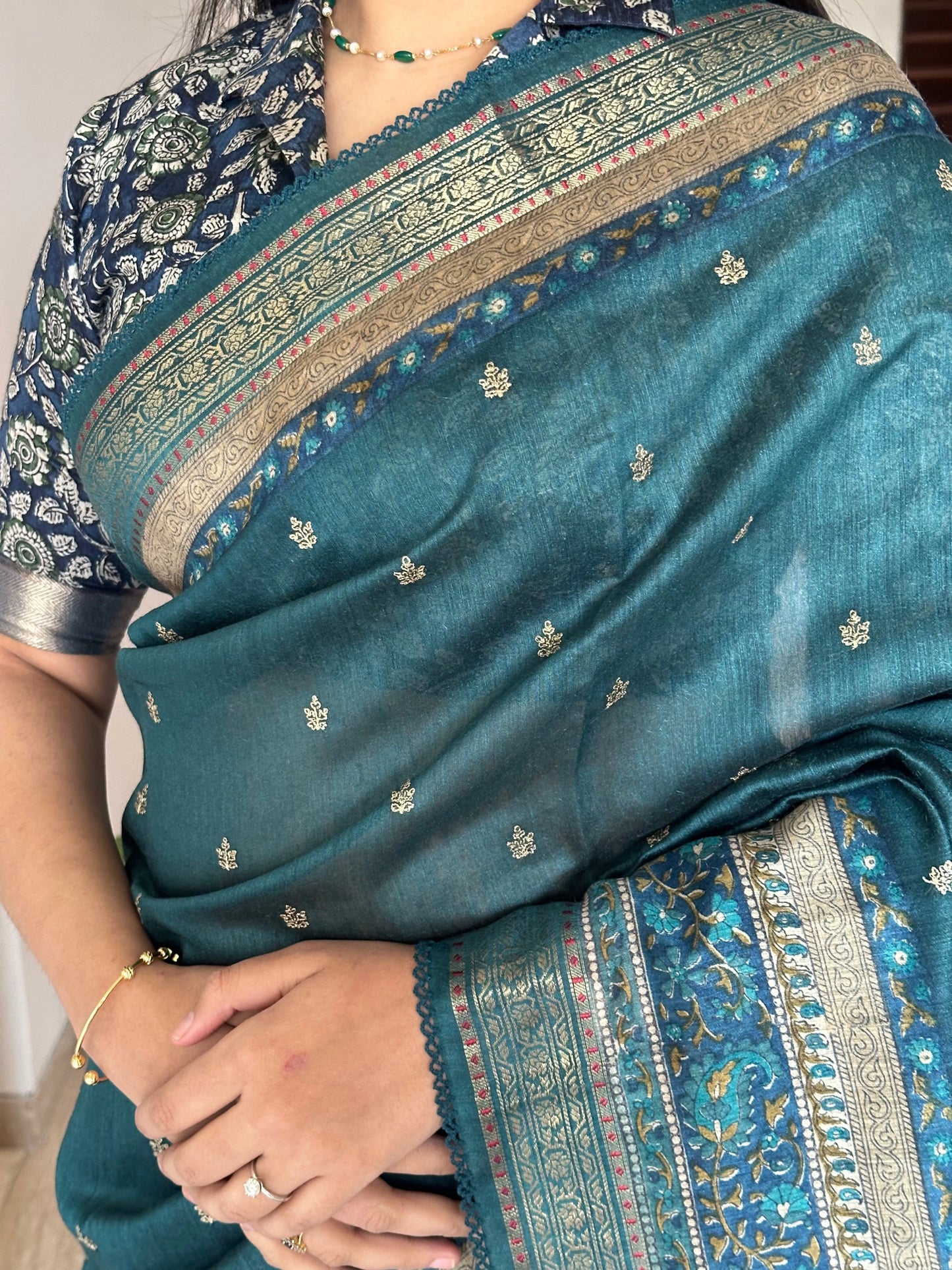 Turquoise Blue Muga Silk Saree