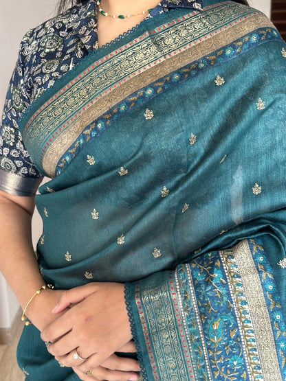 Turquoise Blue Muga Silk Saree