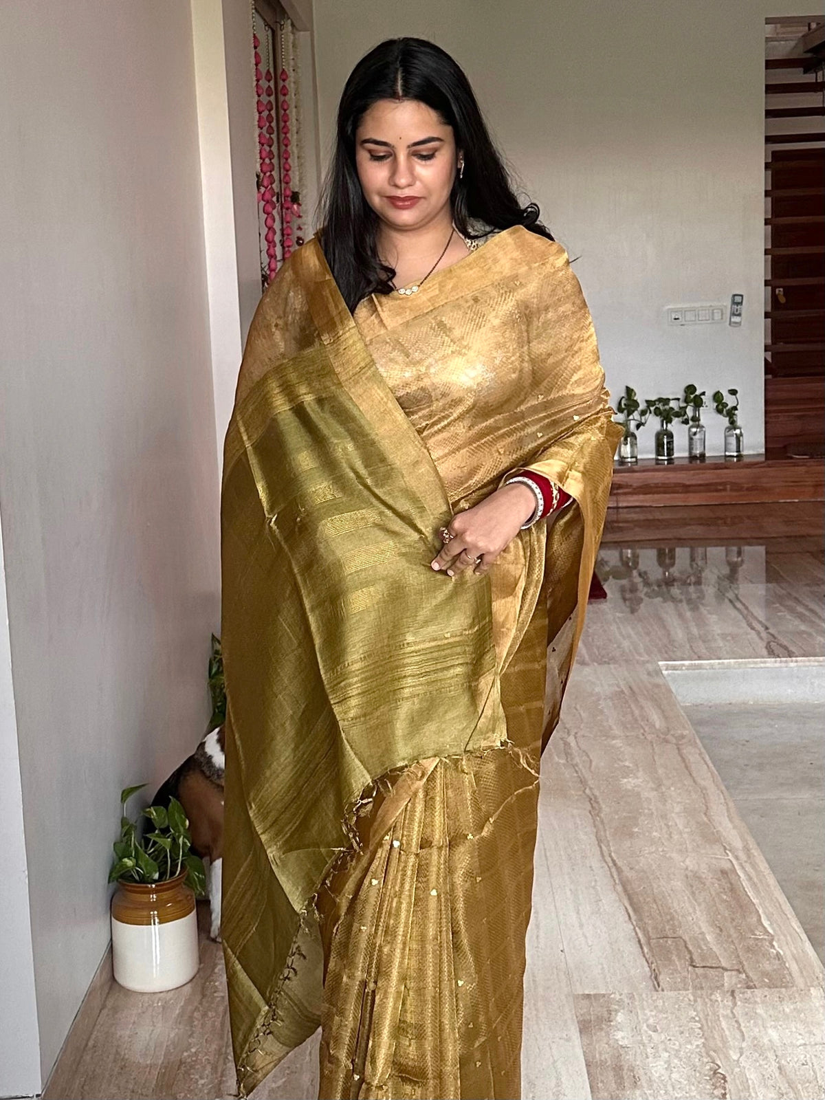 Mehndi Green Emboss Pure Tissue Silk Saree