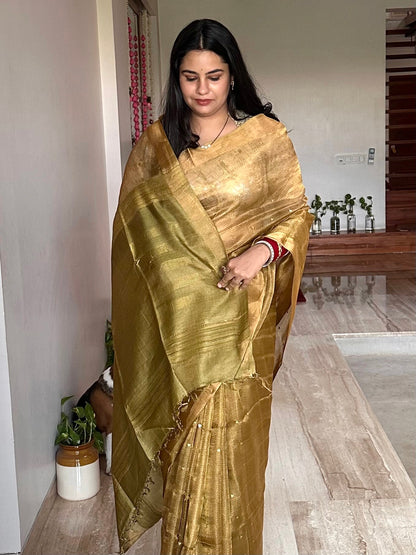 Mehndi Green Emboss Pure Tissue Silk Saree