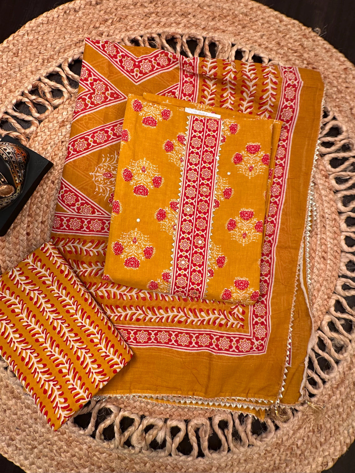 Mustard Jaipuri Necktie Cotton 3-Piece Suit