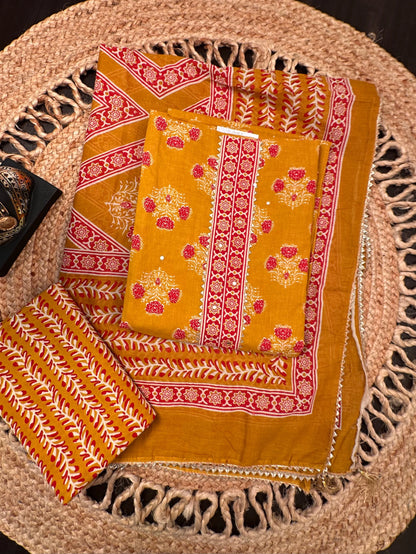 Mustard Jaipuri Necktie Cotton 3-Piece Suit