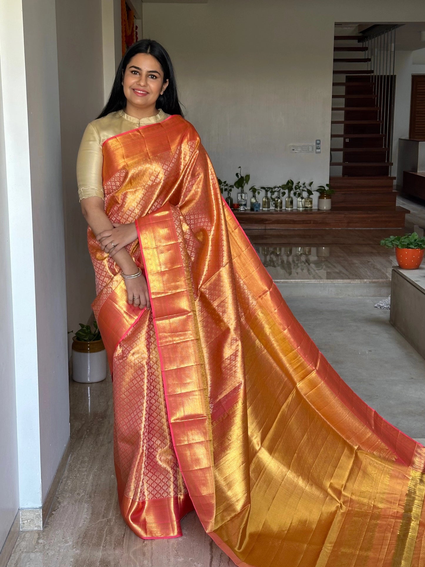 Peach Handloom Jamawar Pure Tissue Silk Saree