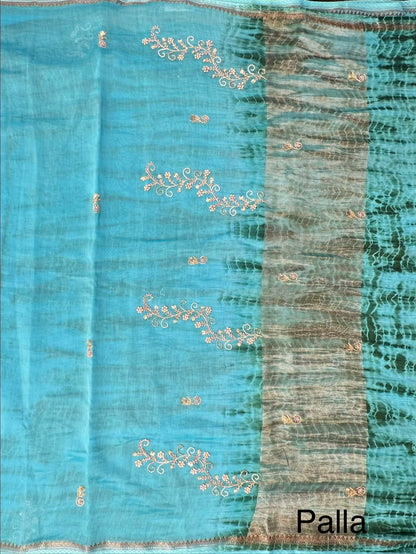 Firozi Chanderi Saree With Hand Work