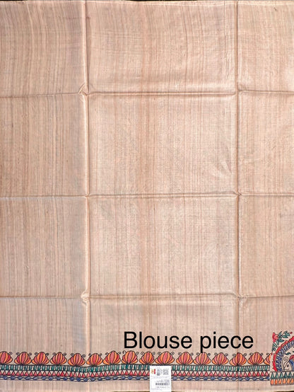 Beige Madhubani Art Pure Tussar Silk Saree