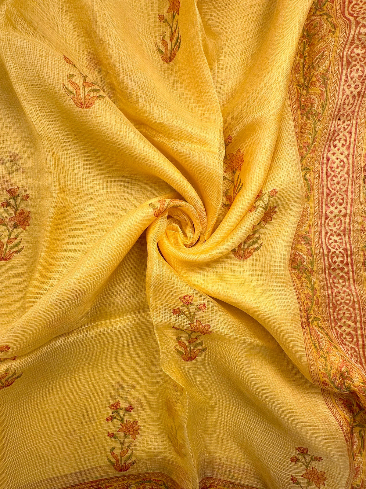 Yellow Hand Block-Print Pure Kota Doria Silk Saree