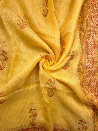Yellow Hand Block-Print Pure Kota Doria Silk Saree