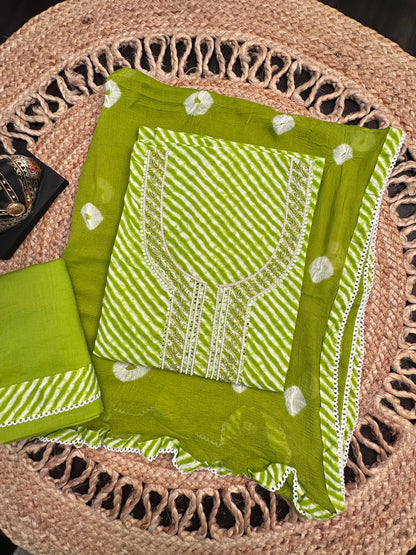 Parrot Green Leheriya Jaipuri Cotton 3-Piece Unstitched Suit