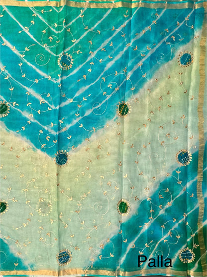 Firozi -Green Kota Doria Pure Silk Saree With Gota Patti Work