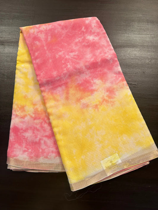 Yellow-Pink Shibori Kota  Cotton Saree