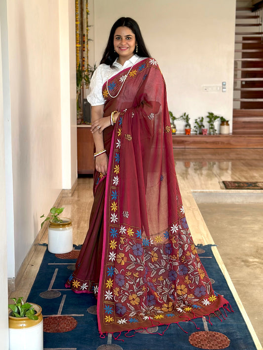 Maroon Kaantha Embroidery Cotton Saree