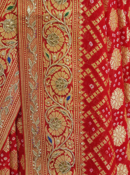 Red Pure Georgette Gharchola Bandhej With Hand Work Saree