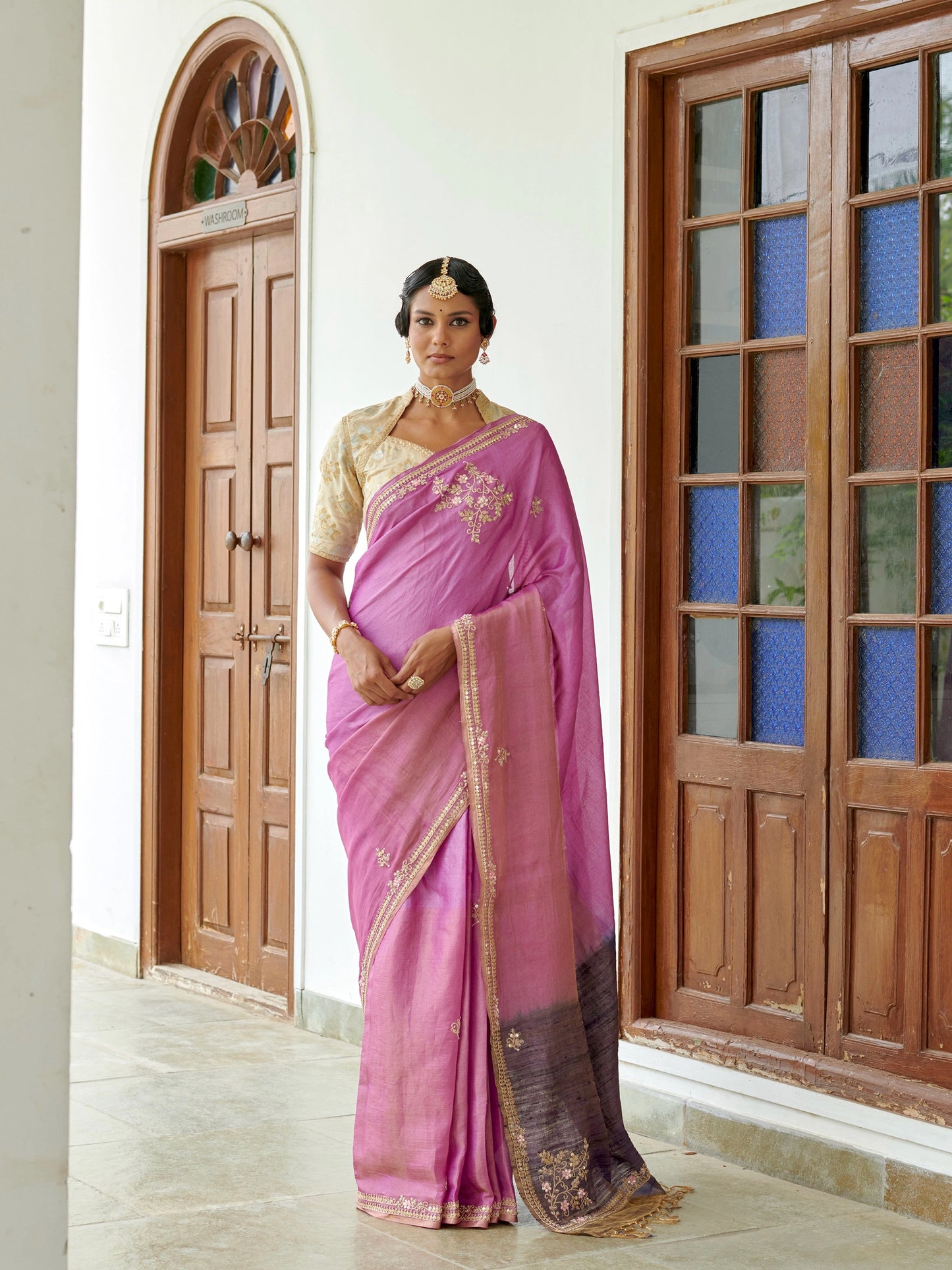 Pink Tussar Silk Saree With Zari Buta