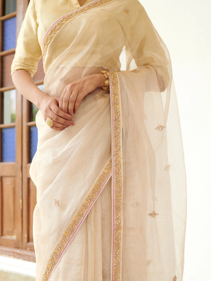 Golden Beige Kota Doria Silk Saree With Zari Work