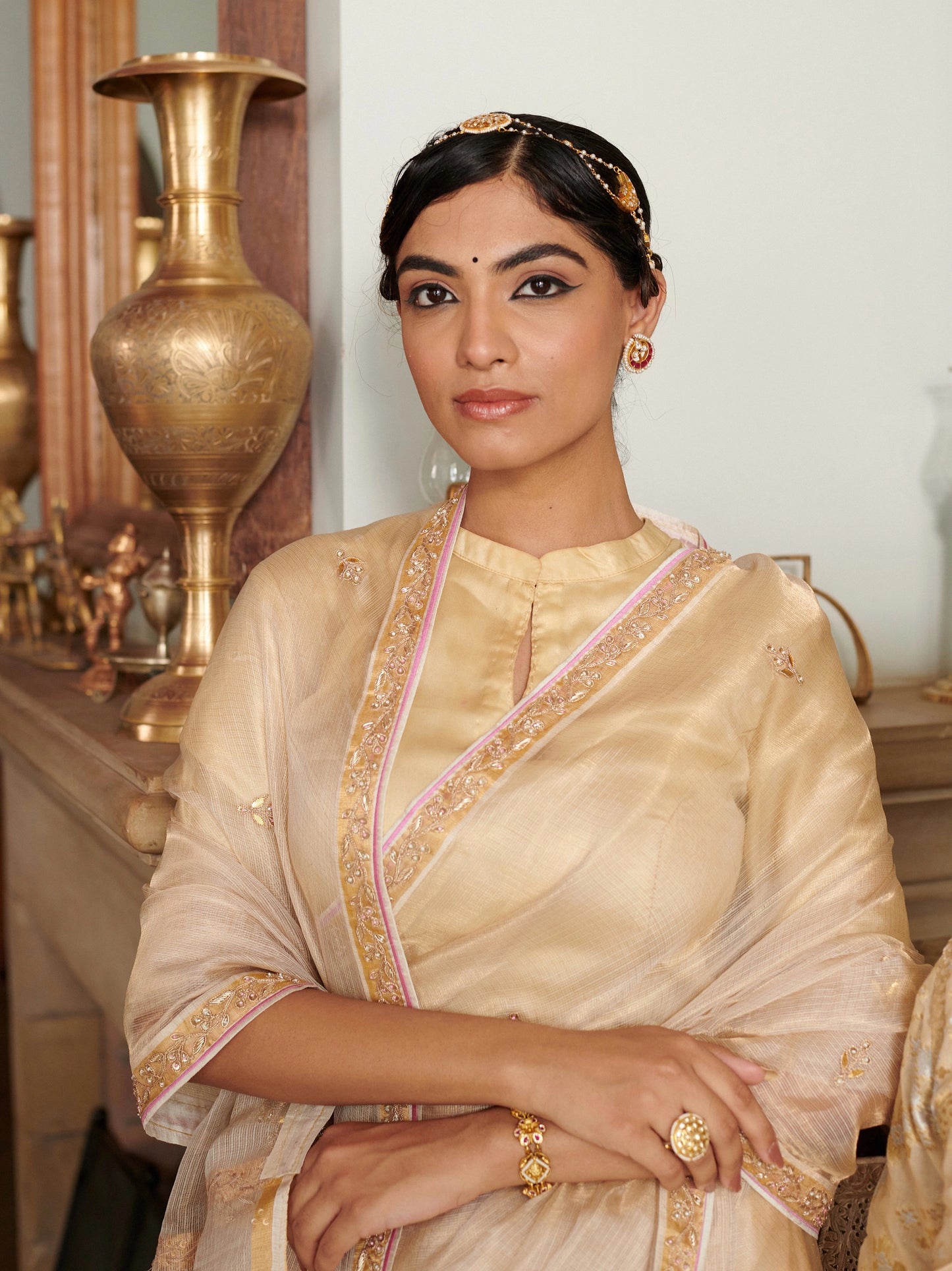 Golden Beige Kota Doria Silk Saree With Zari Work
