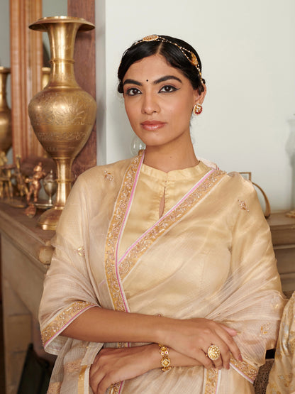 Golden Beige Kota Doria Silk Saree With Zari Work