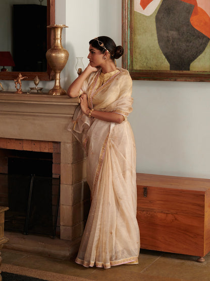 Golden Beige Kota Doria Silk Saree With Zari Work