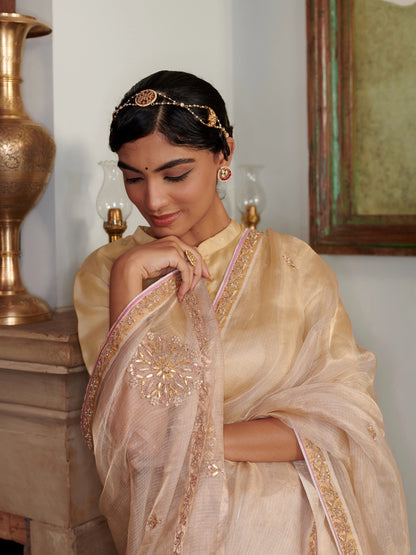 Golden Beige Kota Doria Silk Saree With Zari Work