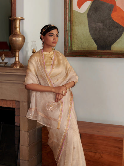 Golden Beige Kota Doria Silk Saree With Zari Work