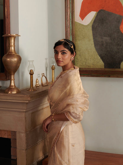 Golden Beige Kota Doria Silk Saree With Zari Work