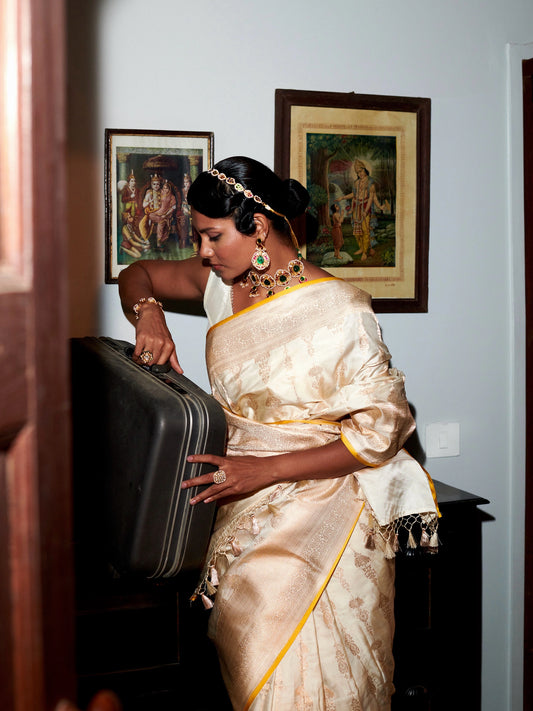 Off White- Yellow Tanchui  Satan Saree
