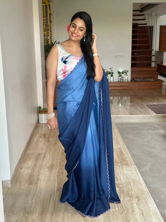 Royal Blue Ombre Satin Cotton Saree
