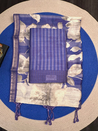 Blue Muga Silk 3-Piece Unstitched Suit