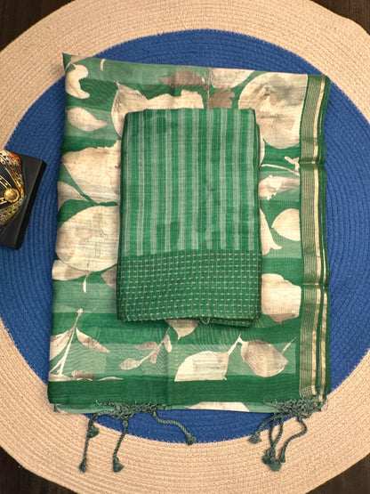 Green Muga Silk 3-Piece Unstitched Suit