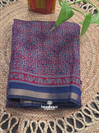 Navy Blue Ajrakh Print Cotton Blend Saree