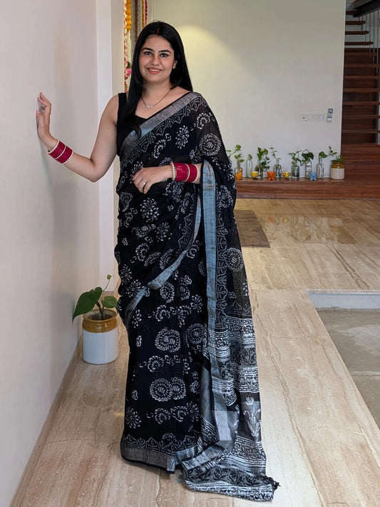 Black Printed Linen Saree