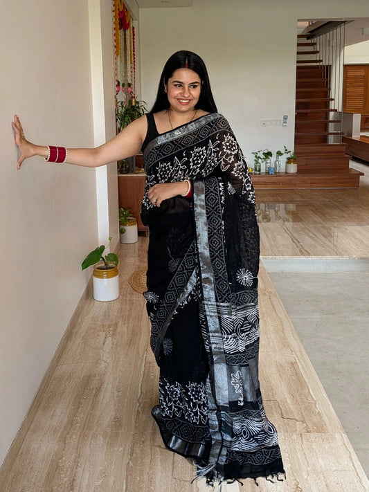 Black Printed Linen Saree