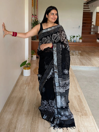 Black Printed Linen Saree