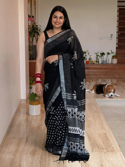 Black Printed Linen Saree
