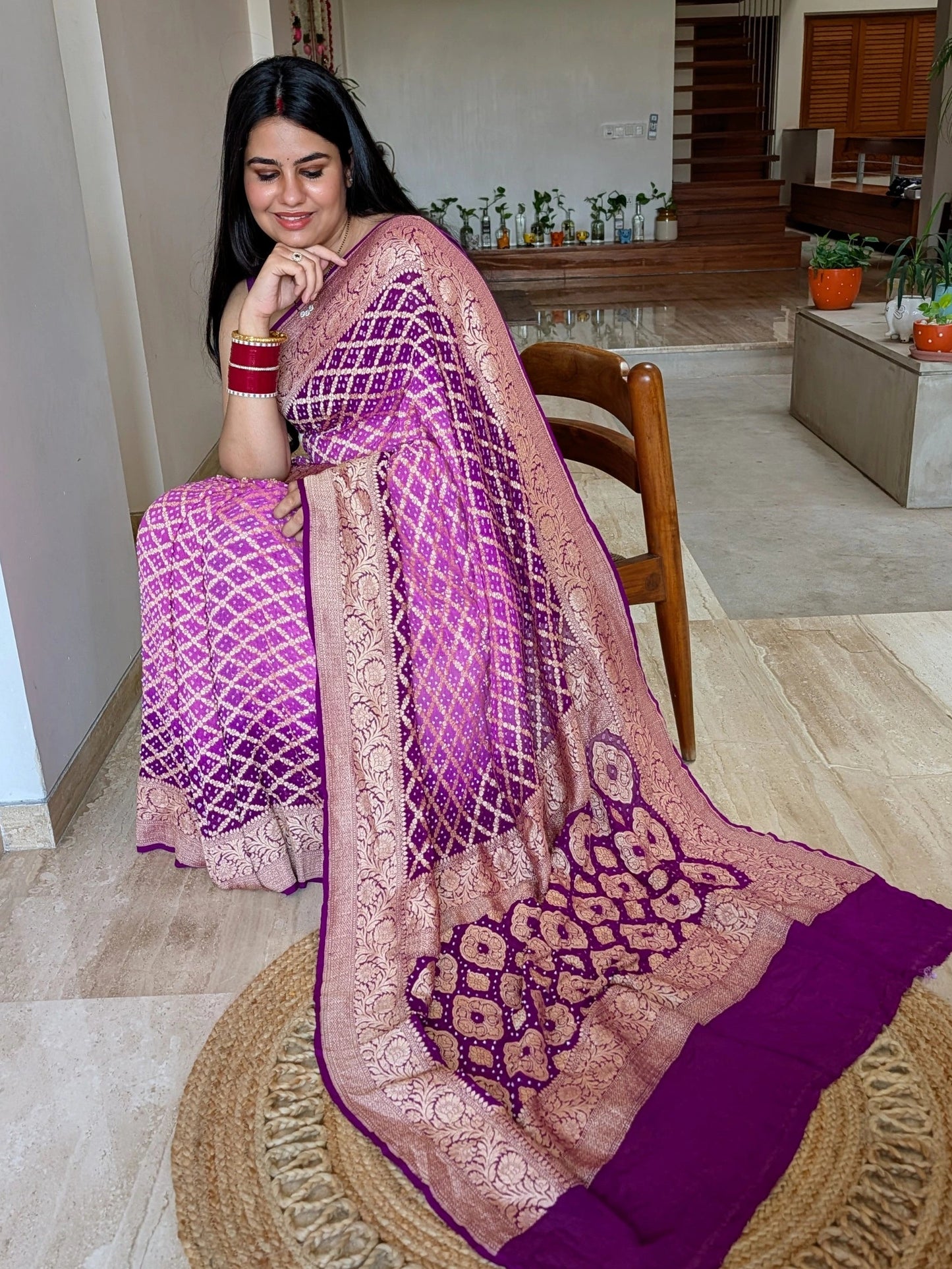 Mauve-Purple Gharchola Bandhej Pure Georgette Saree