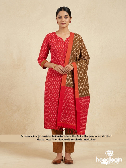 Red Ikkat Handloom Cotton Unstitched 3-Piece Suit
