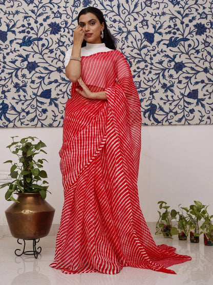 Red Leheriya Pure Georgette Saree