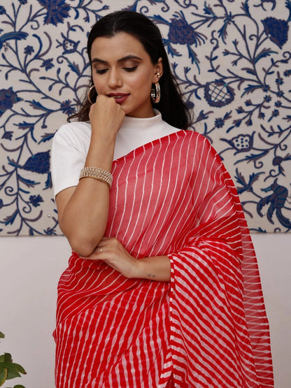 Red Leheriya Pure Georgette Saree
