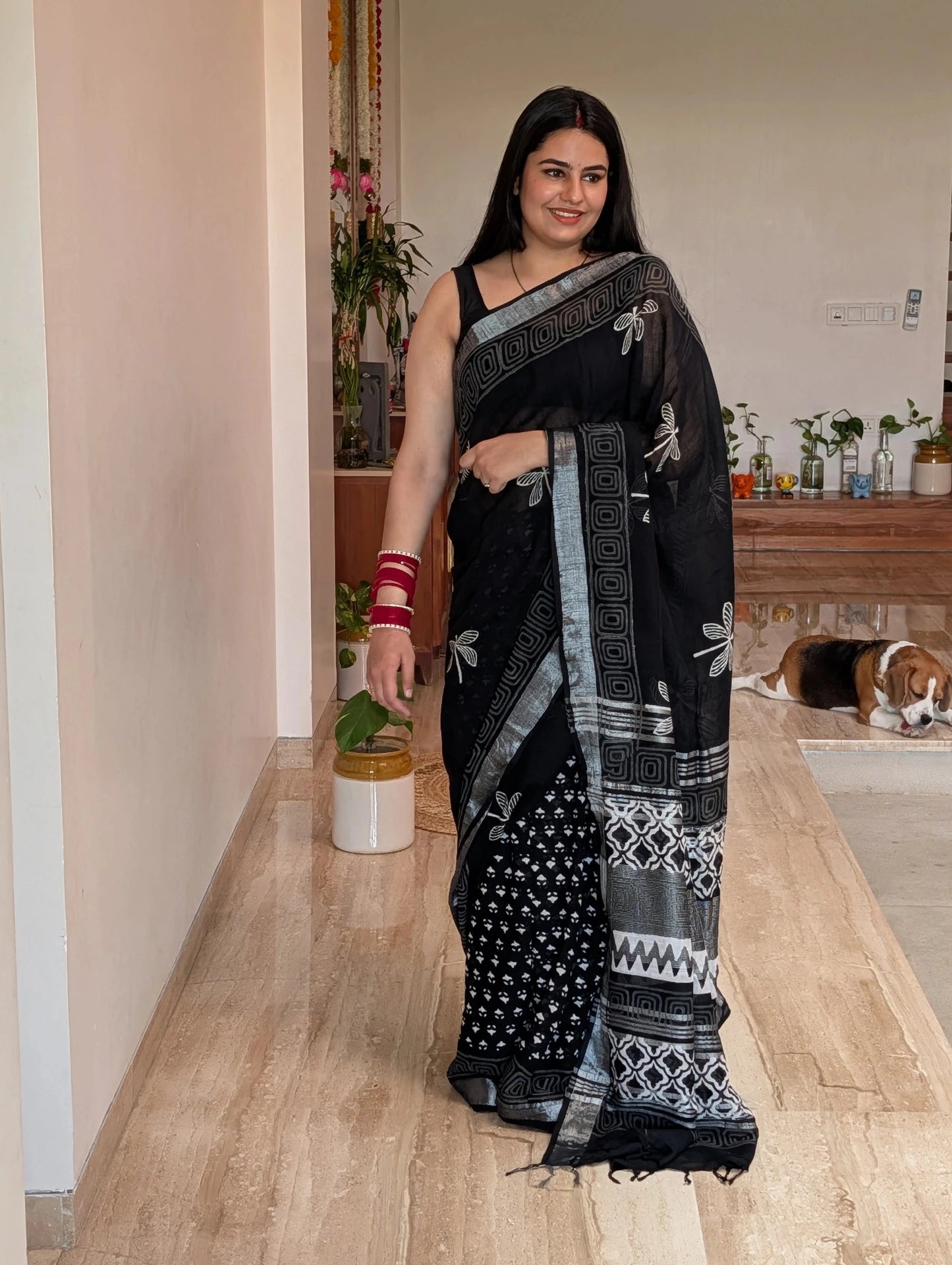 Black Printed Linen Saree