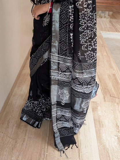 Black Printed Linen Saree