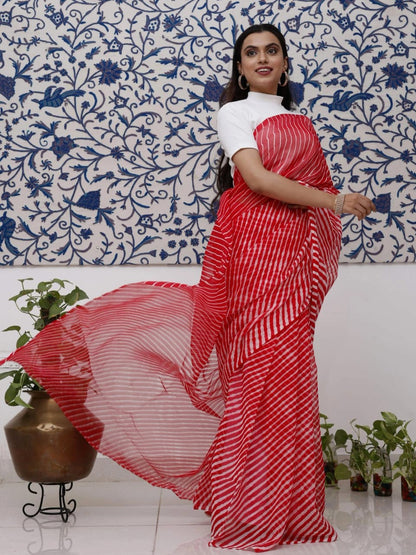 Red Leheriya Pure Georgette Saree